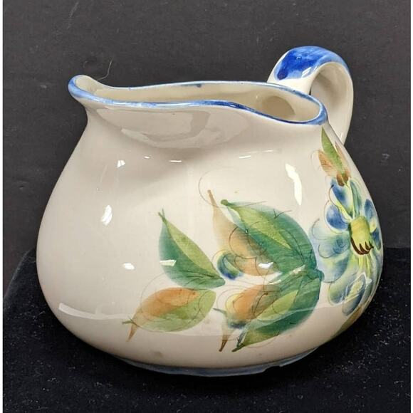 Vintage Signed Secla Portugal Hand Painted Blue Green Floral Pitcher Jug Vase - Picture 3 of 6